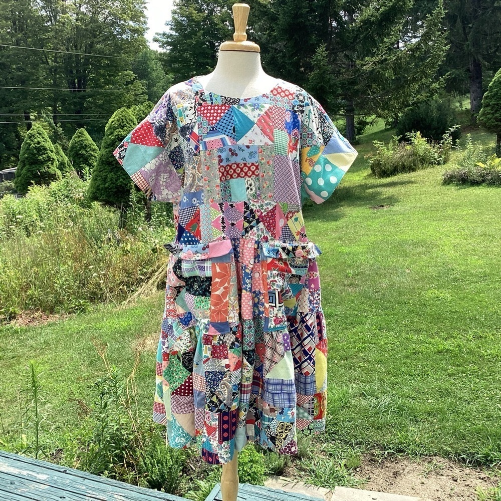 Upcycled vintage crazy patchwork quilt babydoll mid length lined dress Med to XL